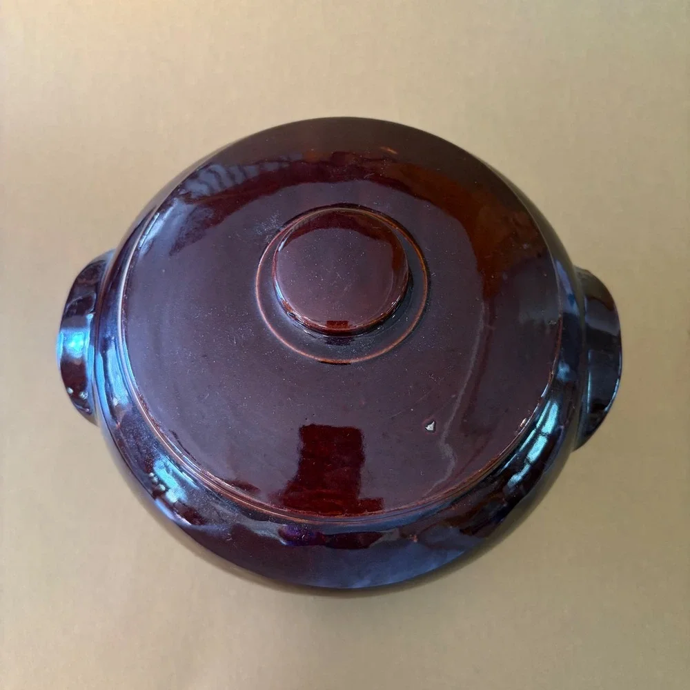 Vintage USA Pottery Brown Glazed Bean Pot with Lid Stoneware Casserole Dish 8in